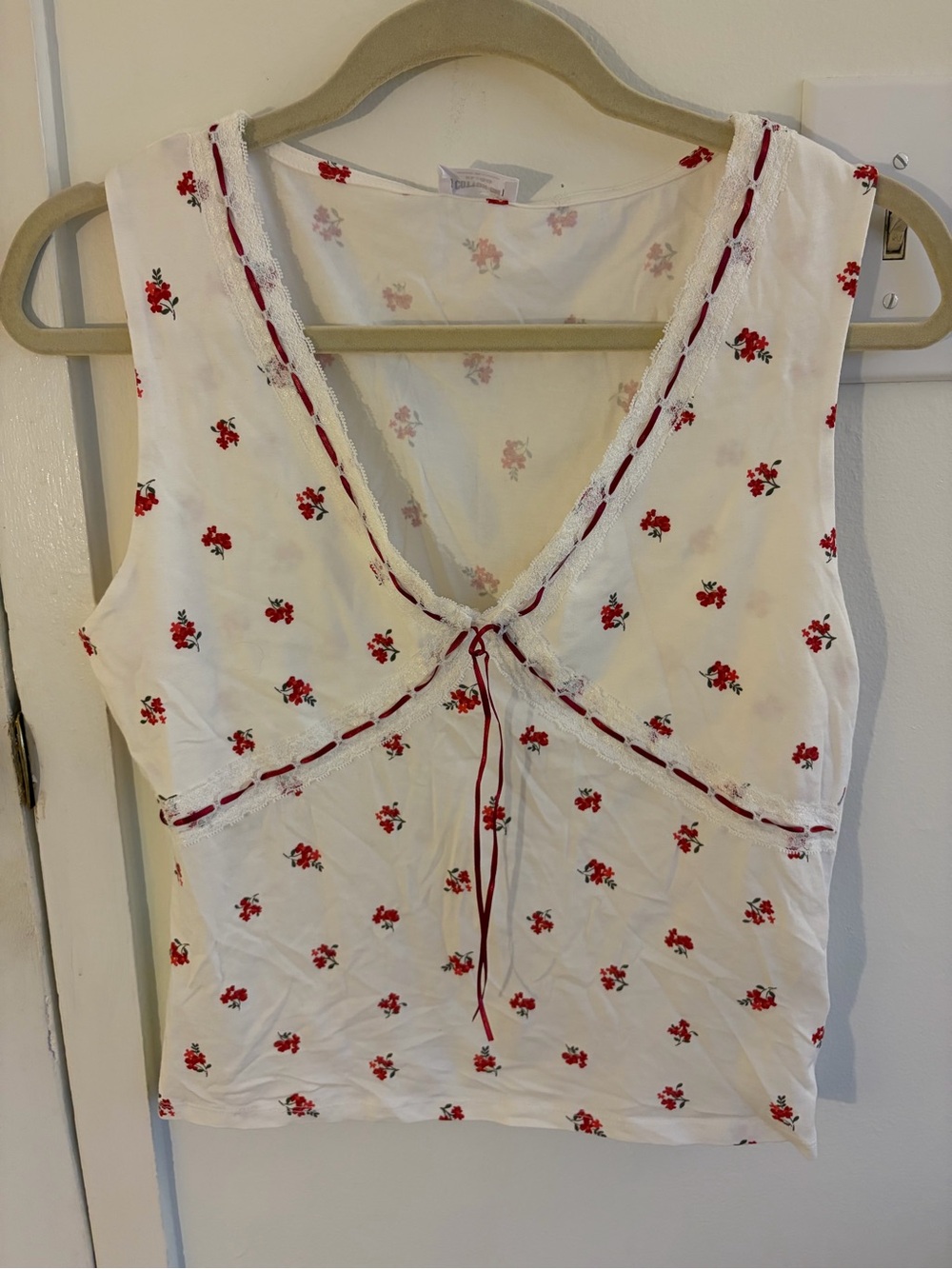 Cotton On White Tank with Red Floral Print and Tie Front